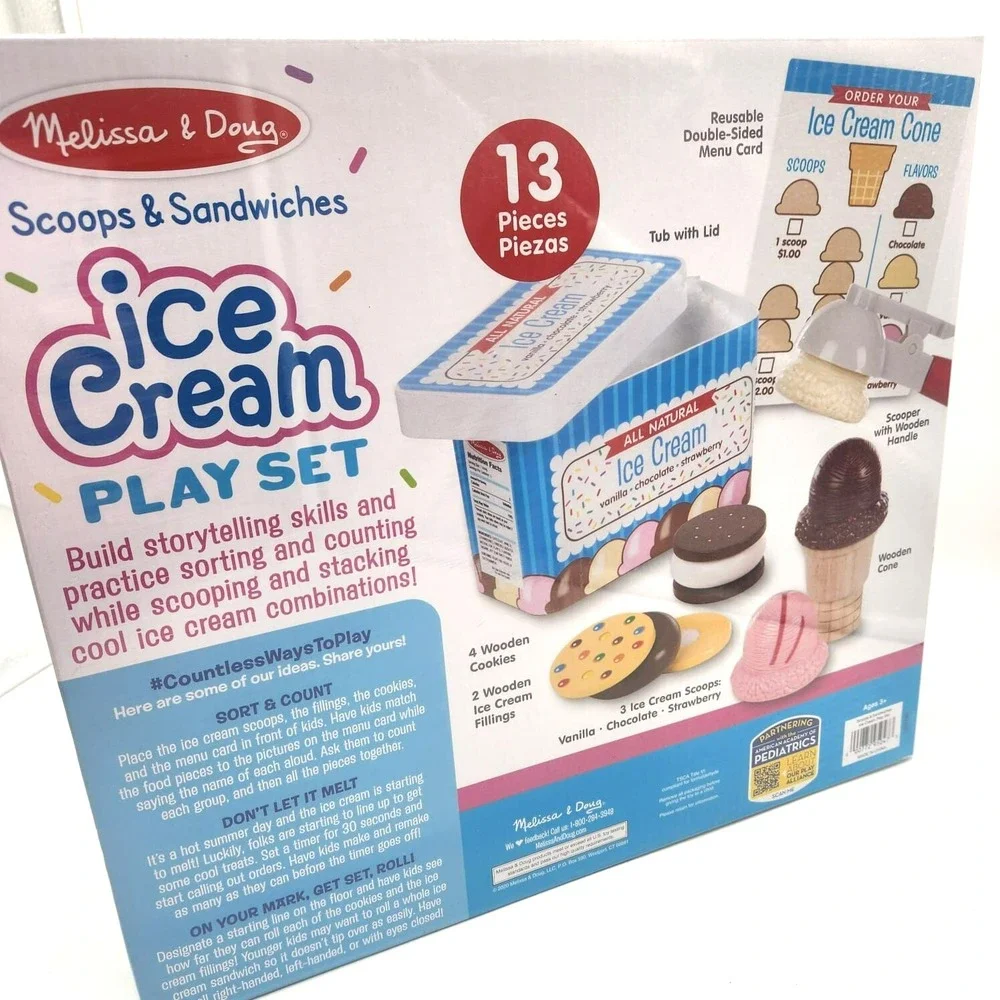 Melissa & Doug 13-Piece Wooden Ice Cream Sandwich & Scoop Set Pretend Play‎ Toy
